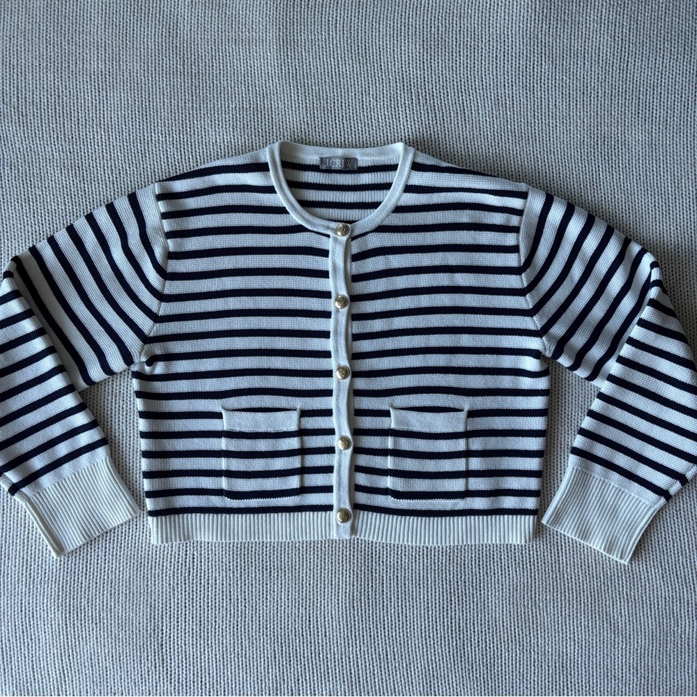 J. Crew Navy and White Striped Cropped Cardigan - Picture 2 of 13
